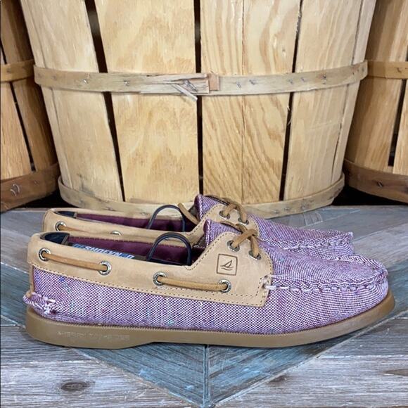 Sperry A/O 2-Eye Fleck Purple Canvas Tan Leather Loafer Boat Shoes Womens Size 7 - Picture 1 of 11